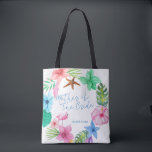 Luau tropical wedding mother of the bride tote bag<br><div class="desc">Pink blue and green colourful Hawaiian hibiscus wreath, a pink watercolor flamingo bird and a starfish making a pretty mother of the bride favour tote bag for a summer seaside / ocean beach / aloha luau destination wedding with aqua blue calligraphy script and editable text. Personalise it with your details!...</div>