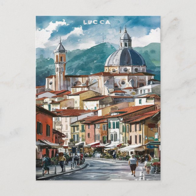 Lucca Italy Street Watercolor Painting Postcard (Front)