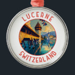 Lucerne Switzerland Retro Distressed Circle Metal Ornament<br><div class="desc">Lucerne retro vector travel design. Lucerne,  a compact city in Switzerland known for its preserved mediaeval architecture,  sits amid snowcapped mountains on Lake Lucerne.</div>