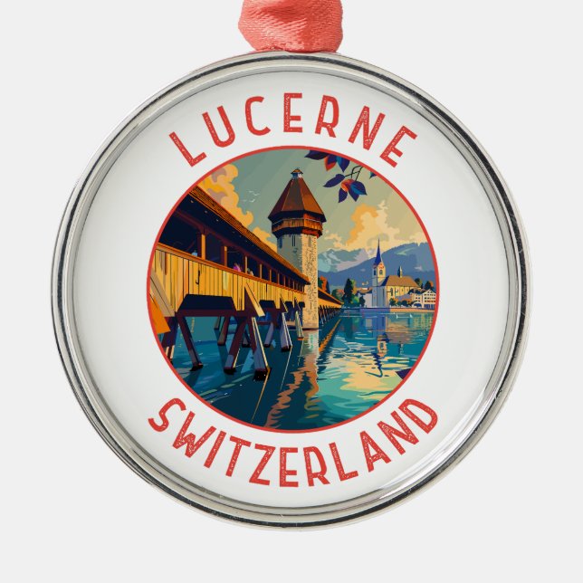 Lucerne Switzerland Retro Distressed Circle Metal Ornament (Front)