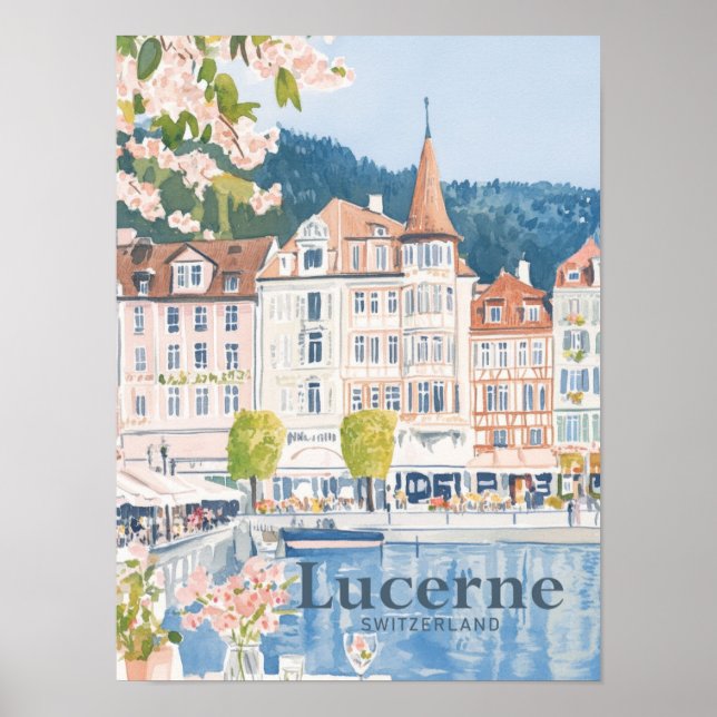 Lucerne Switzerland Watercolor Painting Travel Poster (Front)