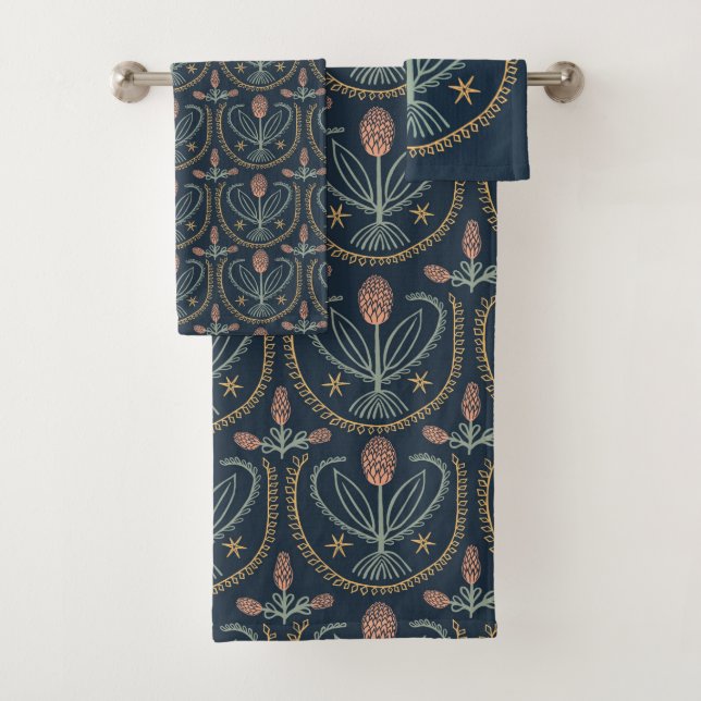 Lucile Floral Botanical Tile Pattern Deep BLue Bath Towel Set (Insitu)
