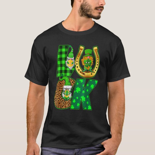 Luck Gnomes Leprechaun Shamrock Horse Shoes St Pat T-Shirt (Front)