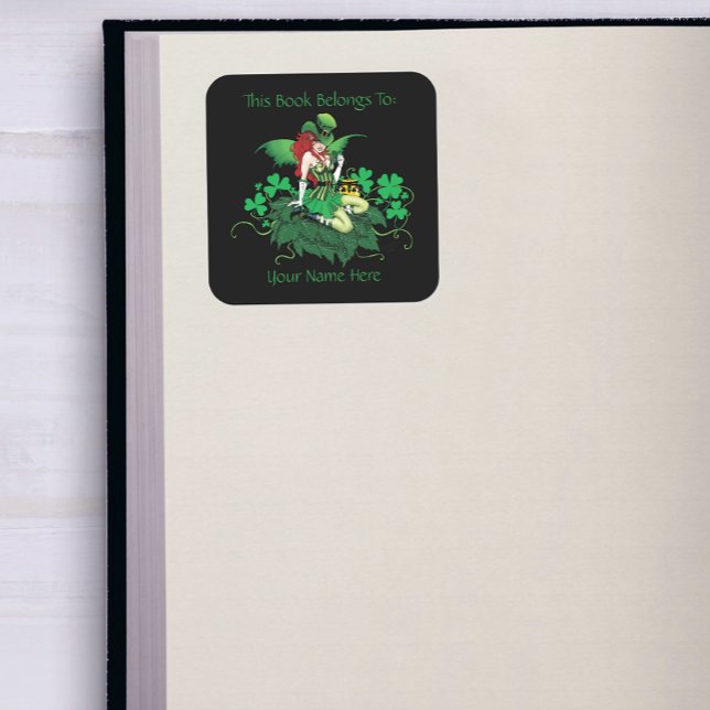 Luck Irish Green Fairy Red Hair Shamrock Bookplate Square Sticker (Creator Uploaded)