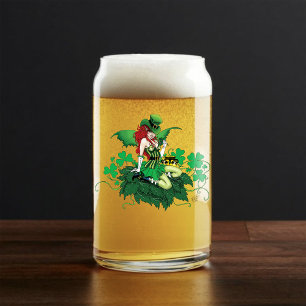 Luck Irish Green Fairy Red Hair Shamrock Can Glass