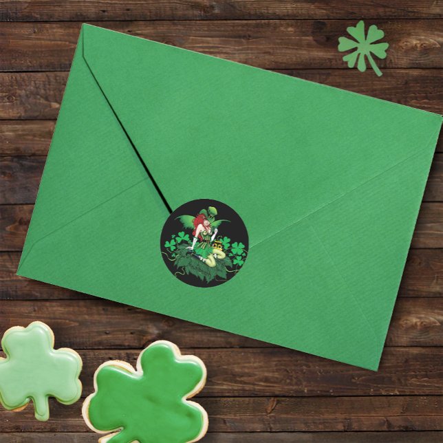 Luck Irish Green Fairy Red Hair Shamrock  Classic Round Sticker (Creator Uploaded)