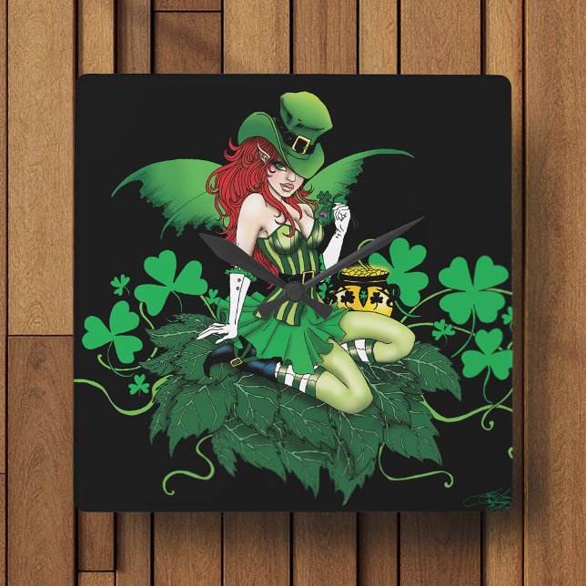 Luck Irish Green Fairy Red Hair Shamrock  Square Wall Clock (Creator Uploaded)