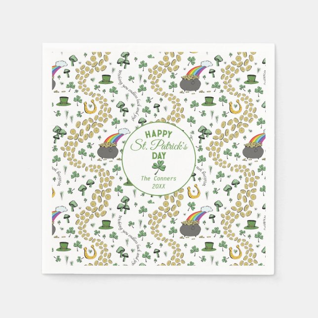 Luck & Joy Coins & Green Shamrocks St Patricks Day Napkin (Front)