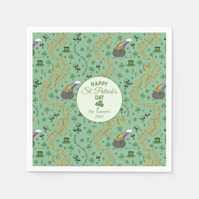 Luck & Joy Coins & Green Shamrocks St Patricks Day Napkin (Front)