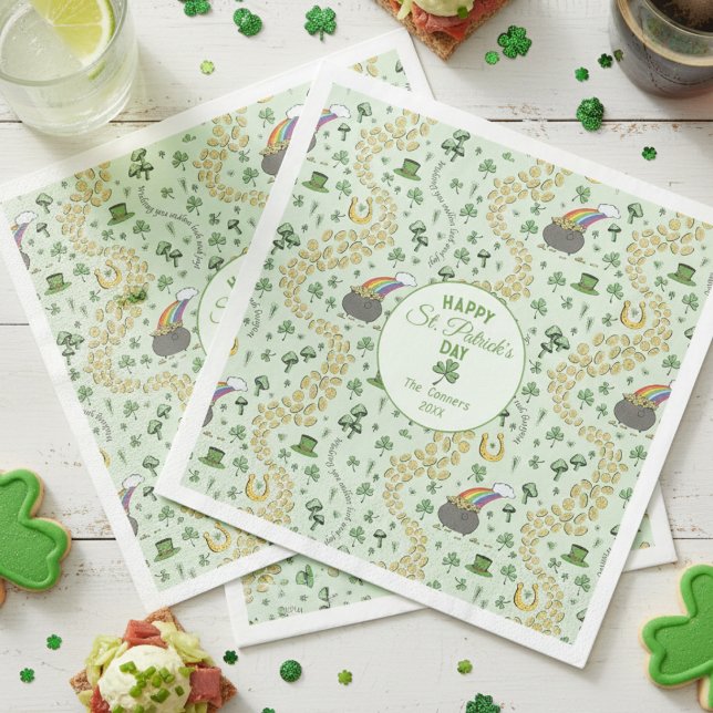 Luck & Joy Coins & Green Shamrocks St Patricks Day Napkin (Green Saint Patrick's Day Napkins for St Patrick's Day Party. Fun Lucky Shamrocks & Rainbow Pattern)