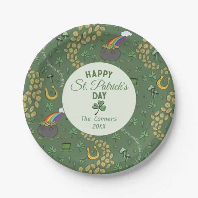 Luck & Joy Coins & Green Shamrocks St Patricks Day Paper Plate (Front)