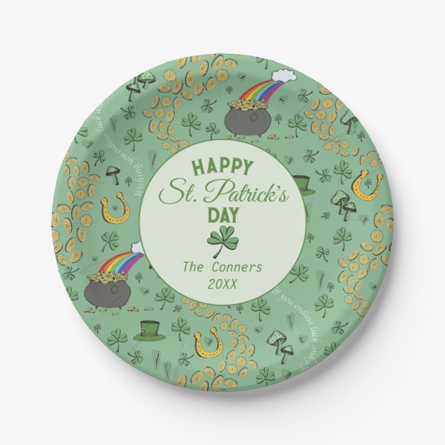 Luck & Joy Coins & Green Shamrocks St Patricks Day Paper Plate (Front)
