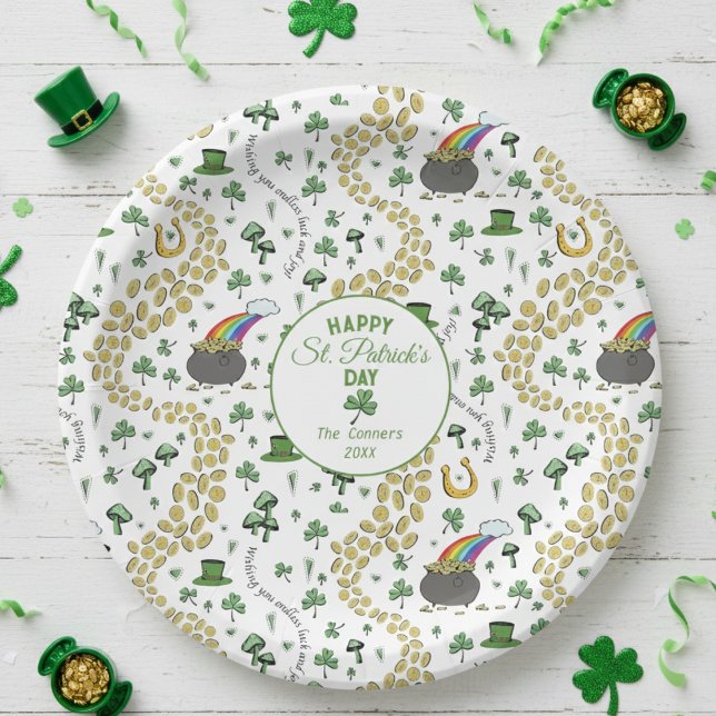 Luck & Joy Coins & Green Shamrocks St Patricks Day Paper Plate (Happy St Patrick's Day Paper Plates for Saint Patricks Day Party. Green Shamrocks, Rainbow Pattern)