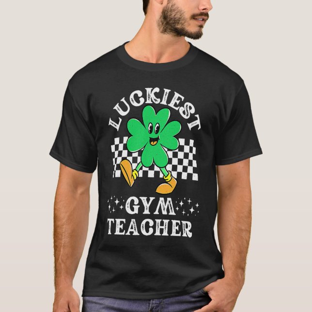 Luckiest Gym Teacher Retro Chequered Shamrock St P T-Shirt (Front)