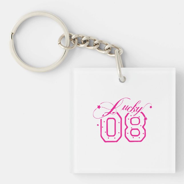 Lucky 08 Pink Neon Typography Design Key Ring (Front)