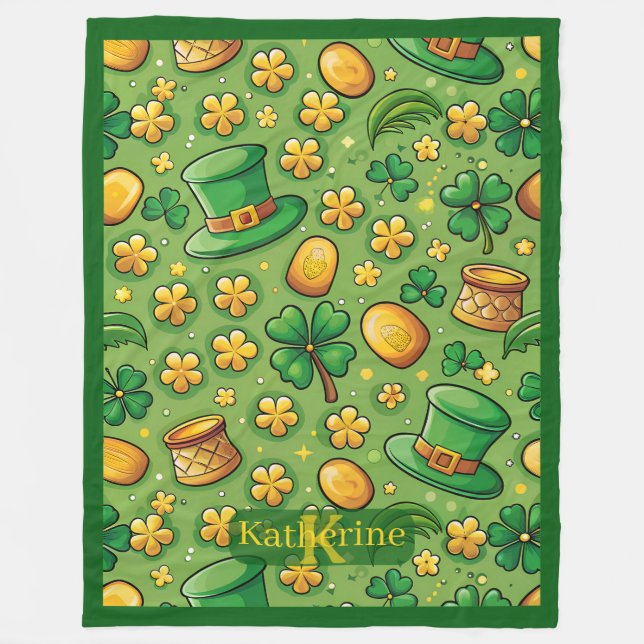 Lucky 4 Leaf Clover Shamrock Pot of Gold Irish Hat Fleece Blanket (Front)