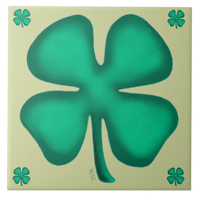 Lucky 4 Leaf Irish Clover 5 lt green large tile (Front)