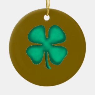 Lucky 4 Leaf Irish Clover brown rnd ceram ornament