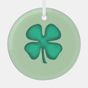 Lucky 4 Leaf Irish Clover green rnd glass ornament