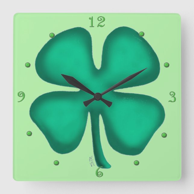 Lucky 4 Leaf Irish Clover green square wall clock (Front)