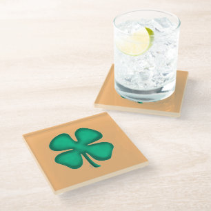 Lucky 4 Leaf Irish Clover tan glass coaster