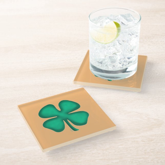 Lucky 4 Leaf Irish Clover tan glass coaster (Angled)