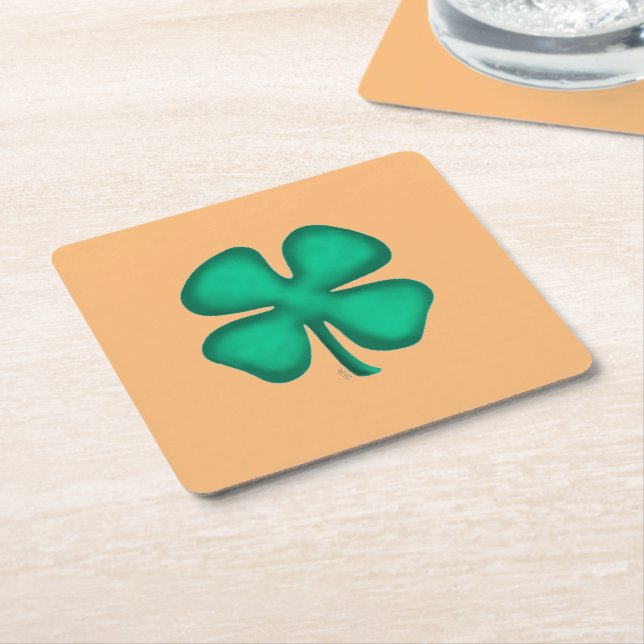 Lucky 4 Leaf Irish Clover tan paper drink coasters (Angled)