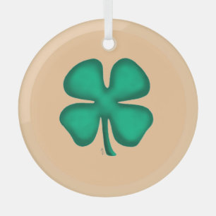 Lucky 4 Leaf Irish Clover tan round glass ornament