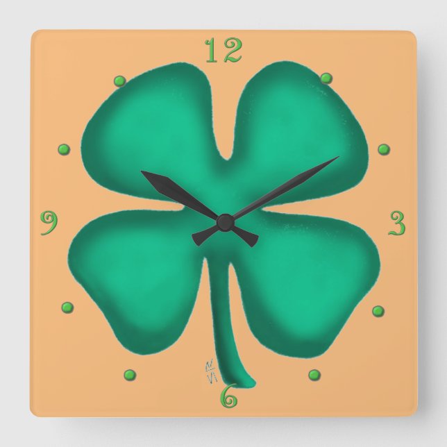 Lucky 4 Leaf Irish Clover tan square wall clock (Front)