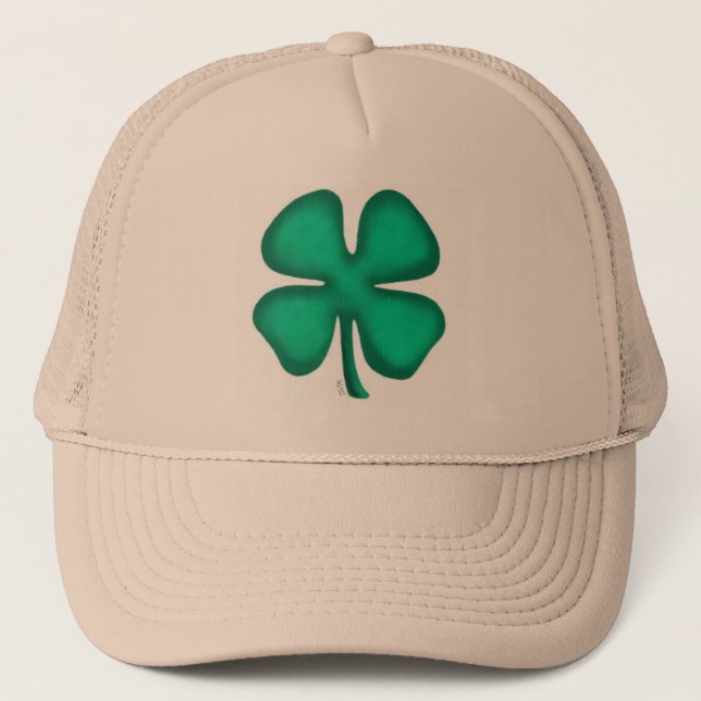 Lucky 4 Leaf Irish Clover tan trucker hat (Front)