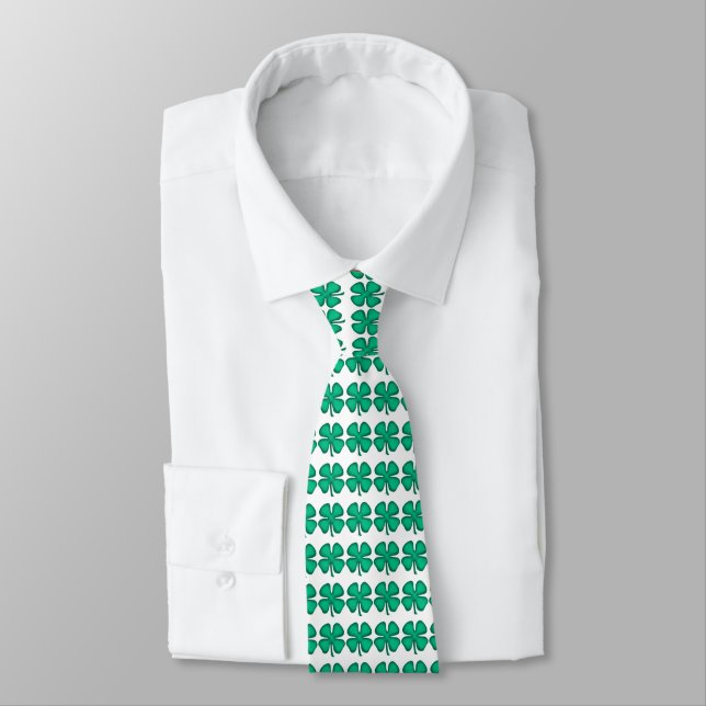 Lucky 4 Leaf Irish Clover white neck tie (Tied)