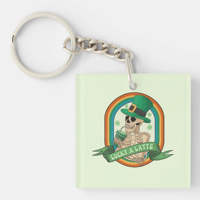 Lucky A Latte - Skeleton, Coffee and Clovers Key Ring (Front)