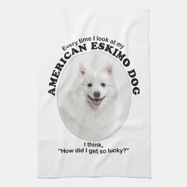Lucky American Eskimo Dog Tea Towel (Vertical)