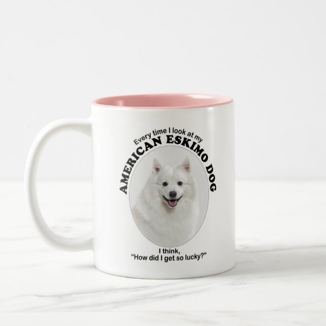 Lucky American Eskimo Dog Two-Tone Coffee Mug (Left)