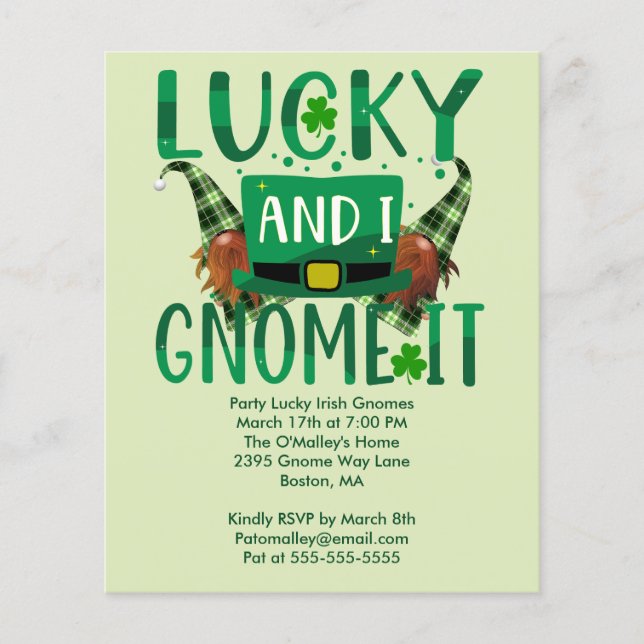 Lucky and I Gnome It St Patricks Day Party Invite Flyer (Front)