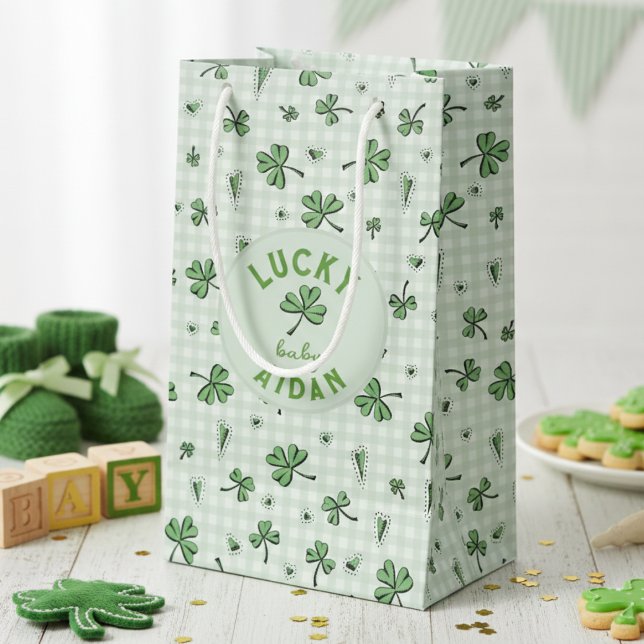 Lucky Baby Green Gender Neutral St Paddys  Small Gift Bag (Green and White Gingham Shamrock Hearts Pattern. Gender Neutral Irish Baby Shower & St Patrick's Day)