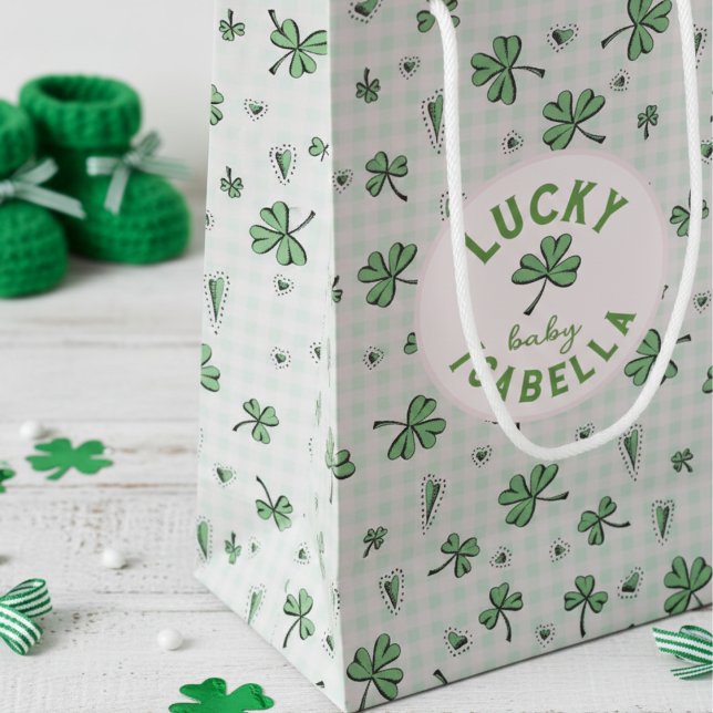 Lucky Baby Pink and Green St Paddys  Small Gift Bag (Cute Irish Baby Shower Lucky Baby Shamrock Gift Bags in Pink and Green. Clover Heart Gingham Pattern)