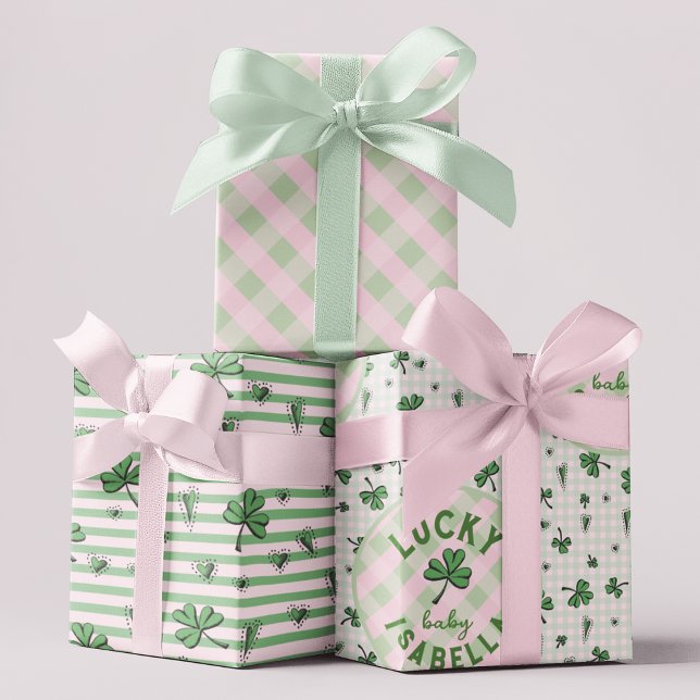 Lucky Baby Pink and Green St Paddys  Wrapping Paper Sheet (Cute Lucky Baby Personalized Pink & Green Gift Wrap. Baby Girl, New Baby, Baby Shower, 1st Birthday.)