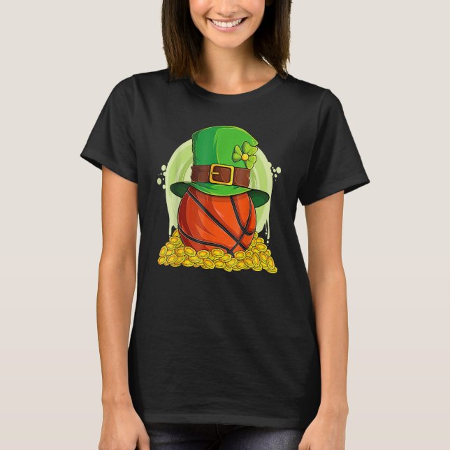 Lucky Basketball Leprechaun Hat Pile Golden Coins T-Shirt (Front)