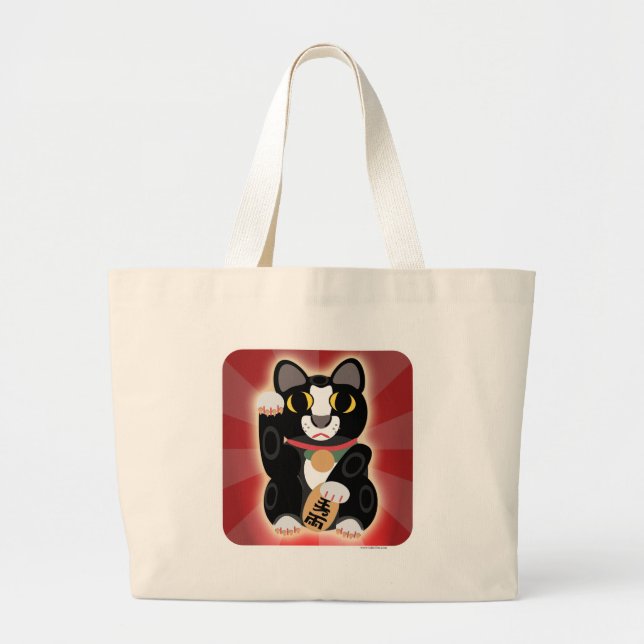 Lucky Black and White Cat Large Tote Bag (Front)