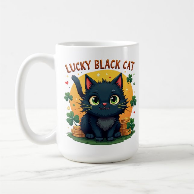 Lucky Black Cat: St. Patrick's Day Clover & Coins  Coffee Mug (Left)