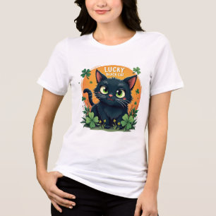 Lucky Black Cat: St. Patrick's Day Clover & Coins  Tri-Blend Shirt