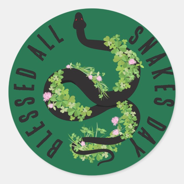Lucky Black Serpent in Clover All Snakes Day Classic Round Sticker (Front)