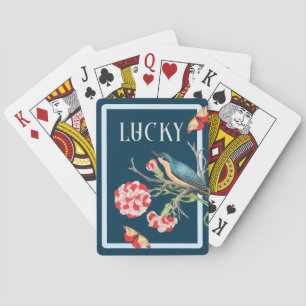 Lucky Blue Songbird & Red Carnations Playing Cards