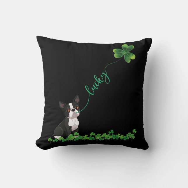 Lucky Boston Terrier Dog Shamrock St Patrick day T Cushion (Front)
