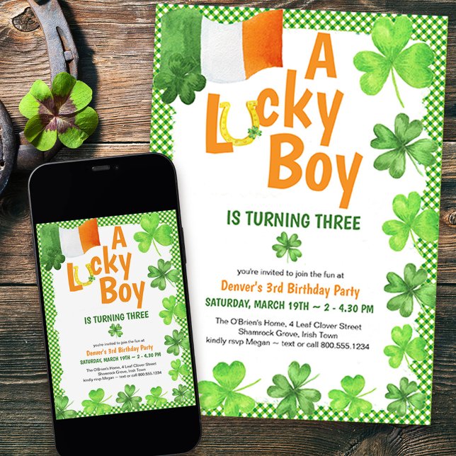 Lucky Boy Shamrock and Horseshoe Birthday Party Invitation (3rd Birthday Invitation for a lucky boy with shamrocks, horseshoe and lucky irish theme)