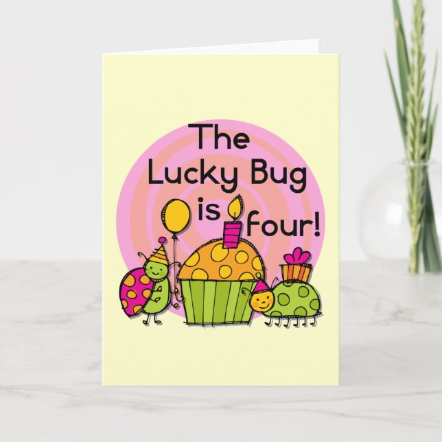 Lucky Bug Cupcake 4th Birthday T-shirts and Gifts Card (Front)