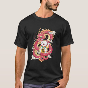 Lucky Cat and Dragon Eastern Fortune Symbol Japane T-Shirt