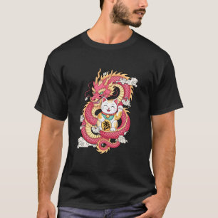 Lucky Cat and Dragon Eastern Fortune Symbol Japane T-Shirt