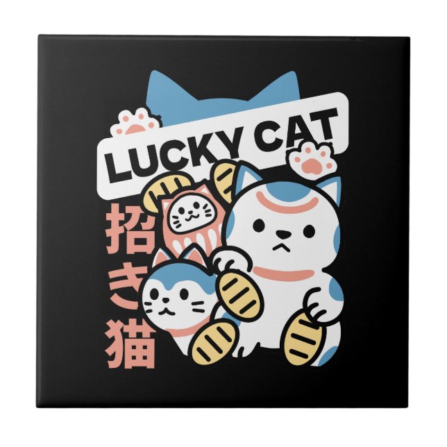 Lucky Cat Art – Maneki Neko with Gold Coin Ceramic Tile (Front)